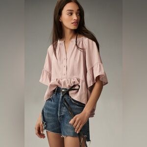 NWT! By Anthropologie Short-Sleeve Peplum Swing Top in Pink 🐢
